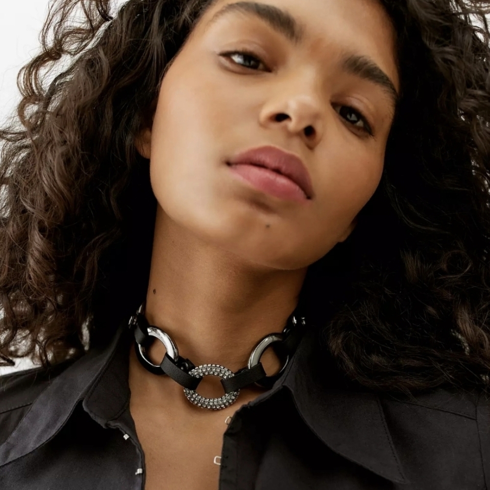 Urban Outfitters Trixie Rhinestone Leather Statement Necklace
